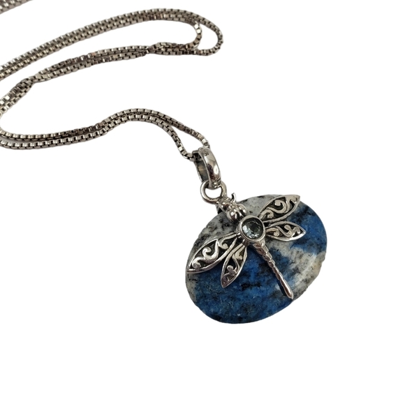 Blue azurite dragonfly pendant necklace + 925 sterling silver chain - Picture 2 of 13